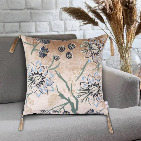 Tasselled Floral Beige Cushion Cover